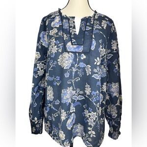 Talbots | Navy Floral Paisley Long Sleeved Cotton Tunic Blouse | XL